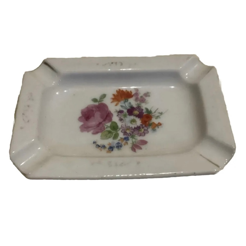 Vintage petite rectangular ceramic floral ashtray made in Japan